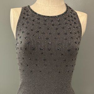 Cache sleeveless tank top sweater SMALL ribbed dark charcoal gray beaded stretch